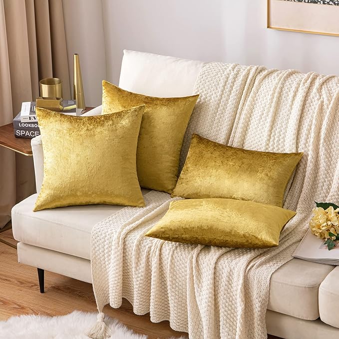 MIULEE Velvet Throw Pillow Covers 20x20 Inch, Pack of 2 - Golden, Super Soft Decorative Square Cushion Cases Modern Luxury Home Decor for Sofa, Couch, Bed, Bedroom Livingroom