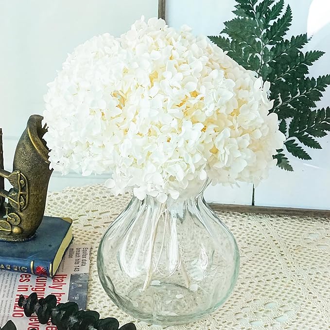 Creamy Ivory Hydrangea Dried Flowers in Glass Vase – Artificial Flowers in Vase for Home Decor, Hydrangeas Centerpiece for Dining Table, Coffee Table, Bathroom, Shelf & Bedroom –Floral Arrangements