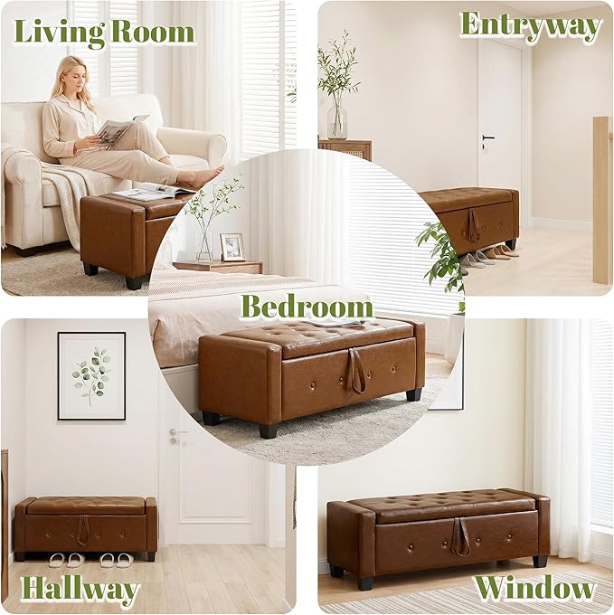 48" PU Leather Storage Ottoman Benches for Bedroom,Tufted Ottomans with Storage for Living Room,Mid Century Modern Bench with Seating for Entryway,Window,Bedside (PU Brown, 48 inch)