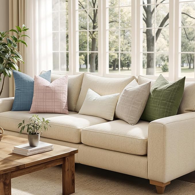 MIULEE Decorative Linen Check Throw Pillow Covers Neutral Farmhouse Vintage Spring Valentine Spring Pillow Covers 18x18 Set of 2 Boho Modern Home Decor for Sofa Couch Bedroom Cushion Light Pink