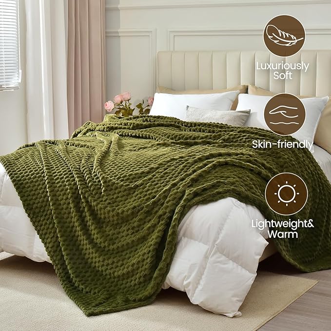 David's Home Ultra Cozy Fleece Blanket Throw Size, Fluffy Soft Lightweight 3D Jacquard Flannel Breathable Blanket Durable for All Seasons, Elegant Layer for Bed Couch Home Room Decor, Olive Green
