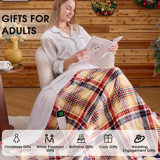 OCTROT Brown Heated Blanket Electric Throw, 50X60 Heating Throw with 10 Heating Levels & 8 Hours Auto Off, Plaid Sherpa Blanket Warmer for Adults, Farmhouse Home Decor for Couch for Mom
