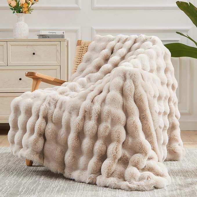 NEWCOSPLAY Faux Fur Throw Blanket Linen Luxury Fluffy Thick Warm Bubble Blanket for Couch Sofa Bed 1000GSM (Linen Bubble Thick, Throw(50"x60"))