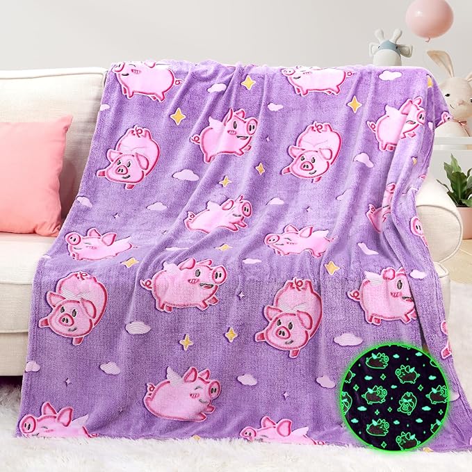 Pig Glow in The Dark Blanket - Soft Fleece Animal Pig Throw Blanket for Girls Age 3-12, Cute Pink Pigs Toys Gifts for Girls, Teens, Birthday, Kids Room Decor 50"x60"
