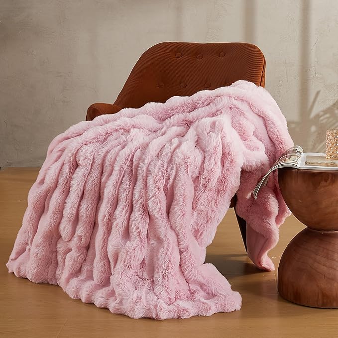JELLYMONI Faux Fur Throw Blanket, Pink Throw Blanket for Couch, Fuzzy Cozy Plush Bubble Bed Blanket, Thick and Warm Blanket, King (108" x 90")