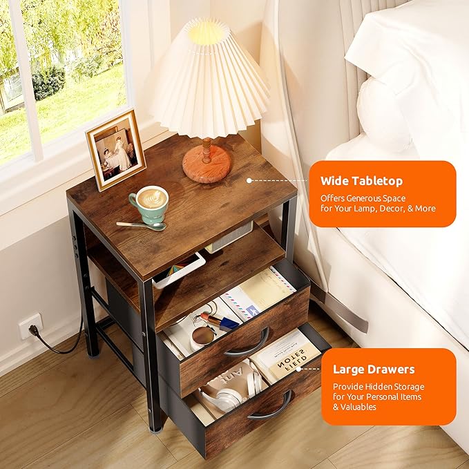 NightStand Bedside Charging Table Bedroom - Brown Night Stand with Charger Station, Modern Bed Side End Table with Open Shelf & 2 Fabric Drawers, USB-C Port for Dorm, Living Room