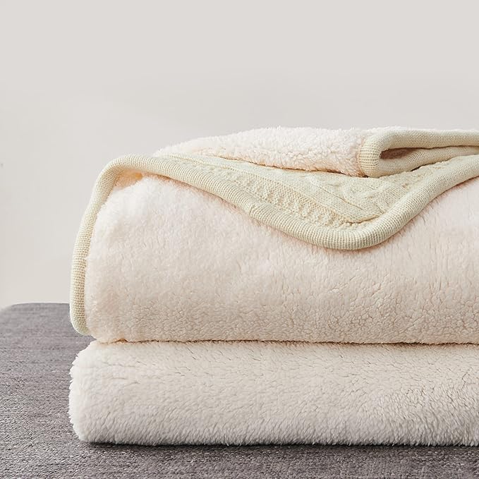 Longhui bedding Cream 50 x 63 Inches Acrylic Cable Knit Sherpa Throw Blanket - Thick, Soft, Big, Cozy Beige Knitted Fleece Blankets for Couch, Sofa, Bed - Large Coverlet All Season