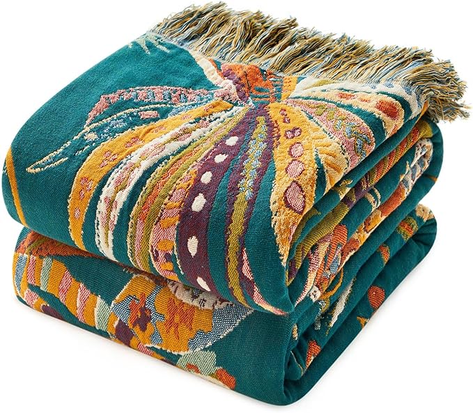 Boho Throw Blanket - 60"x80" Soft Cotton Throw Blanket Muslin Blankets for Bed, Reversible Lightweight Spring Blanket with Floral Printed, All Season Farmhouse Decor Rustic Blanket