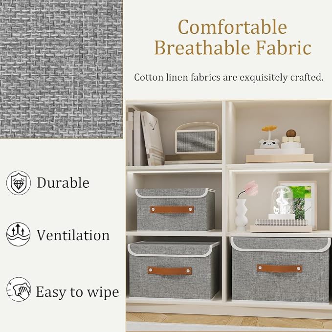 OUTBROS Large Fabric Storage Box with Lid, Collapsible Wardrobe Organiser, Linen Cubes For Towels, Clothes, 13 x 9.1 x 7.9 inch (Grey, 3-Pack)