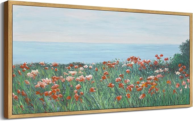 SHENIFY Vintage Framed Wall Art Coastal Wildflower Field Poppy Flower Landscape Scenery Home Decor Retro Decorations for Farmhouse Bedroom Ready to Hang Wall Artwork - 8x16in Natural Framed