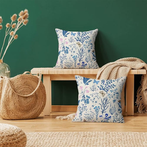 AEIOAE Summer Pillow Covers 20x20 Inch Set of 2,Blue Wild Flower Plant Throw Pillows Case,Seasonal Floral Outdoor Decorative Square Linen Farmhouse Decor Cushion Covers for Home Sofa Bed Couch