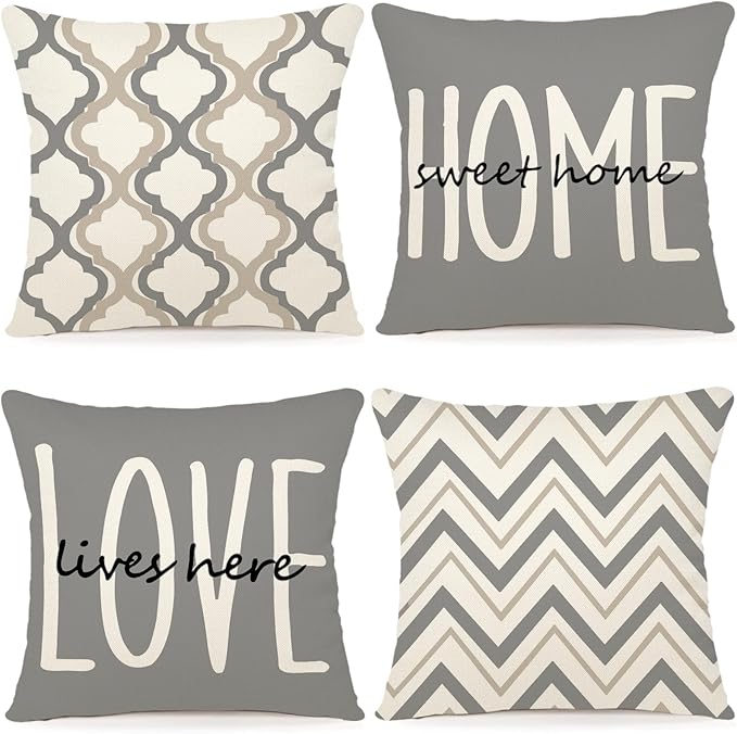 YCOLL Farmhouse Throw Pillow Covers 18x18 Set of 4 Rustic Linen Square Decorative Cushion Covers for Couch Sofa Bedroom Home Decor