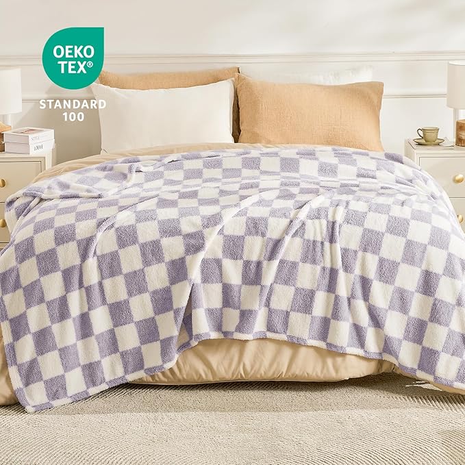 EMME Checkered Blanket Queen Size - 80"x90" Lavender Knit Blanket Soft Fluffy Patterned Throw Blankets for Couch, Sofa, Chair, Bed, Camping, Picnic, Travel