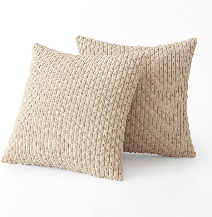 MIULEE Pack of 2 Decorative Throw Pillow Covers 16x16 Inch Soft Boho Striped Textured Corduroy Pillow Covers Modern Farmhouse Home Decor for Couch Bed Sofa Living Room Beige