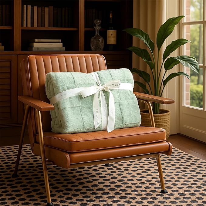 Cozy Bliss Checkered Faux Rabbit Fur Blanket King Size for Bed, Soft Fuzzy Blankets for Women Men, Large Furry Fleece Throw for Bedroom Decor (Sage Green, 108" x 90")