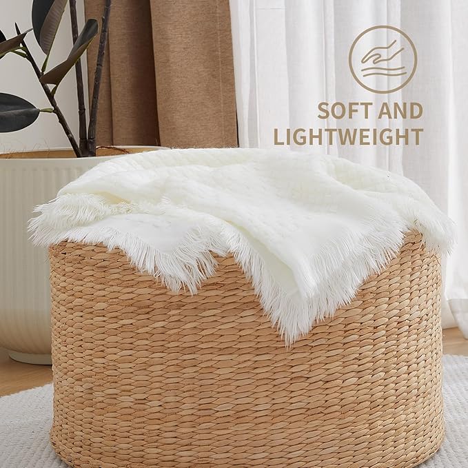 100% Acrylic Decorative Knitted Throw Blanket with Fringes for Bed, Couch, Chairs, Small, Lightweight, Soft, Cozy, Waffle Textured Blanket, Suitable for Spring, Summer, Ivory, 50"x60"