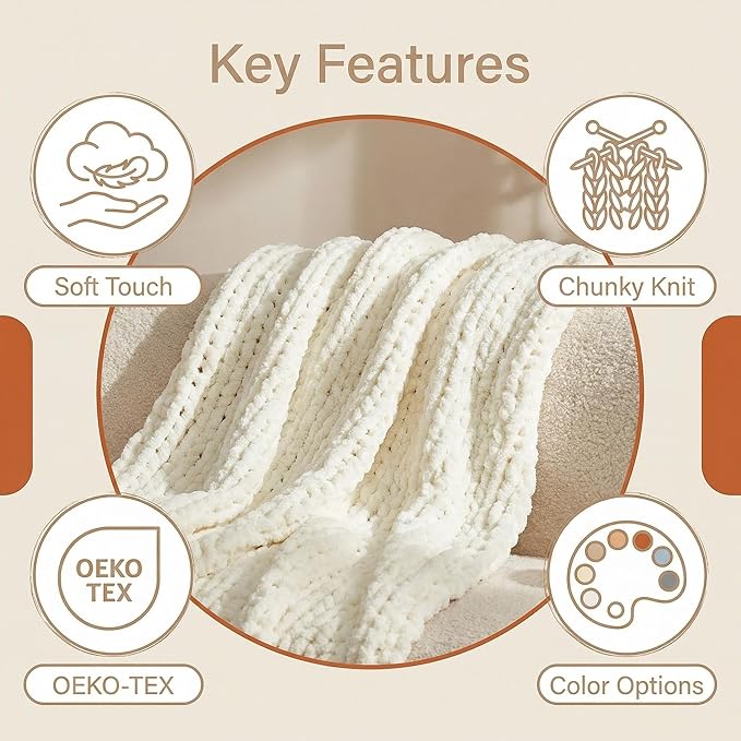 Amélie Home Chunky Knit Throw Blanket for Couch, Soft Chenille Crochet Blanket for Sofa, 50"x60", Ivory