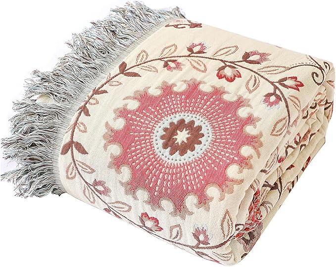 Snycler Boho Throw Blanket for Bed - 100% Cotton Ultra Soft Rustic Quilt - Pink Boho Floral Printed Farmhouse Decor Bed Blankets, 60"×80" All Season Rustic Throw for Sofa Couch Chair