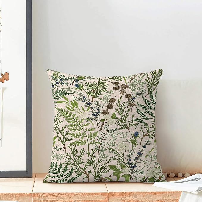 AEIOAE Spring Pillow Covers 18x18 Inch Set of 2,Vintage Sage Green Wild Flower Plant Throw Pillows Case,Seasonal Floral Outdoor Decorative Linen Farmhouse Decor Cushion Covers for Sofa Bed Couch