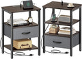 SUPERJARE Nightstand Set of 2, Bed Side Tables with Charging Station, Adjustable Fabric Drawer, Night Stand for Bedroom, 3-Tier Storage End Tables, Walnut, 8694NC