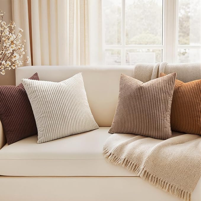 EMEMA Brown Decorative Throw Pillow Covers 24x24 Inch Set of 4 Boho Farmhouse Corduroy Striped Square Pillow Case,Western Modern Cushion Covers for Couch Bed Livingroom Home Decor