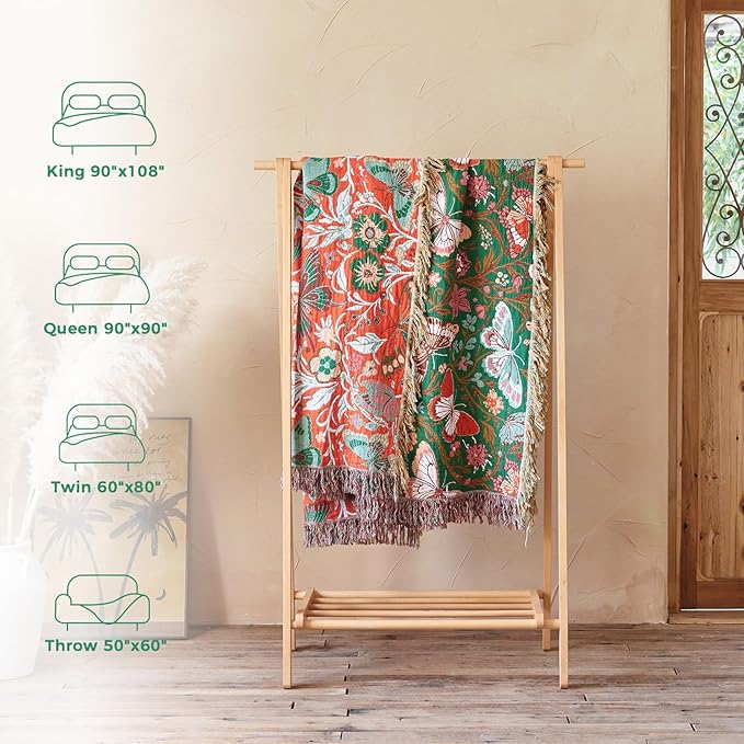 Boho Throw Blanket for Bed Cotton Blankets for Bedroom Living Room Twin All Season Lightweight Butterflies Embroidery Quilt for Couch Sofa Chair 60"x80"