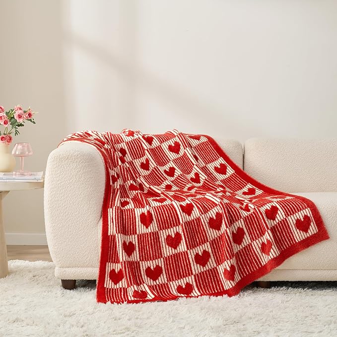 Snuggle Sac Red Heart Checkered Blanket for Women, Valentines Day Love Blankets Heart Blankets for Her Wife Mom,Super Soft Warm Fluffy Faux Fur Blanket for Couch Sofa Bed,Red Heart,60x80 inches
