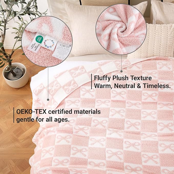 YIRUIO Pink Checkered Knit Throw Blanket - with Bow Pattern for Women Daughter, 60x80 Twin Size Ultra Soft Microfiber Reversible,Fluffy Fuzzy Cozy Throw for Bed, Sofa & Couch, Home Decor