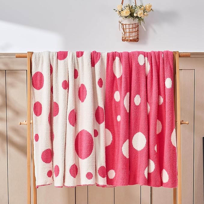 CozeCube Super Soft Fullfy Microfiber Reversible Knitted Blankets, Warm Cozy Fuzzy Plush Throw, Hot Pink and White Polka Dot Throw Blanket for Couch Bed Sofa, 50" x 60"
