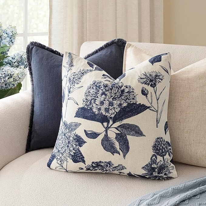 Foindtower Set of 2 Linen Floral Vintage Throw Pillow Covers Neutral Accent Print Decorative Cozy Cushion Covers Farmhouse Boho Home Decor for Sofa Chair Couch Bed Living Room,18×18 Inch,Navy Blue
