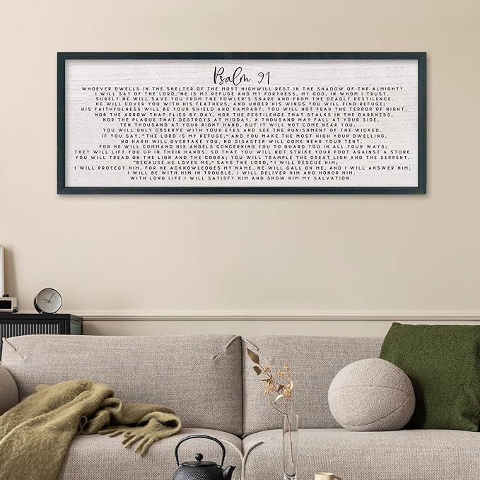 comurdyo Psalm 91 Wall Art Decor 40"X15" Christian Sign for Bedroom Family Bible Verse Large Wood Framed Wall Hanging (Black)
