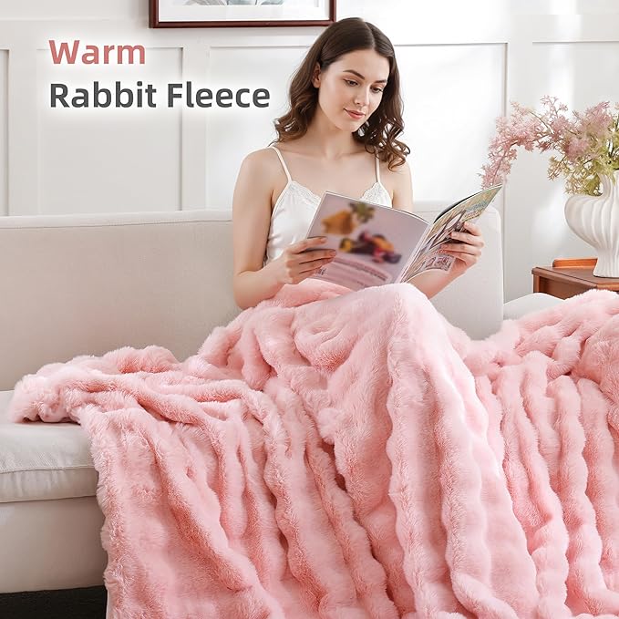 Smoofy Faux Fur Throw Blanket for Couch – Blush Pink Fluffy Cozy Rabbit Fleece, Plush Soft Bubble Blanket for Sofa & Bed, for Mom, Warm Fuzzy Home Room Decor Throw 60" x 80"