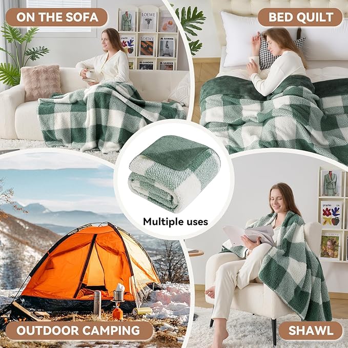 LURKA Checkered Sherpa Fleece Throw Blanket – Soft and Cozy, Medium Weight for All Season, Plush Throw for Couch, Bed, Dorm & Pets, Sage, 60x80 Inches