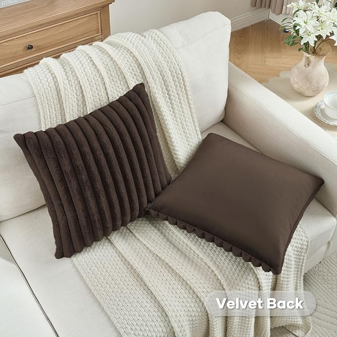FUTEI Dark Coffee Decorative Throw Pillow Covers Set of 2, 16x16 Inch Soft Fluffy Faux Fur Plush Striped Cushion Cases, Modern Home Decor for Couch Bed Living Room