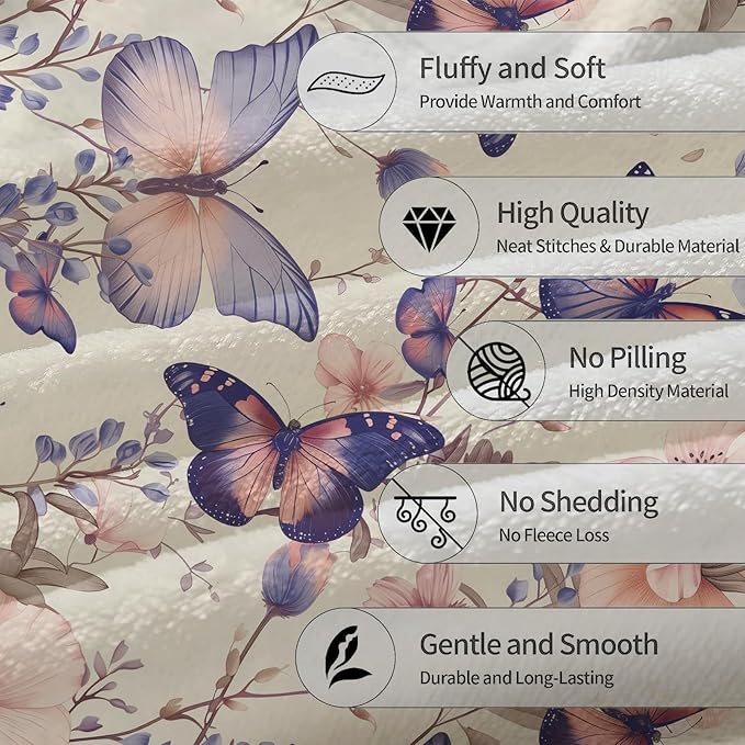 Butterfly & Flowers Blanket | Soft Warm Fuzzy Lightweight Flannel Throw Blanket Perfect for Couch, Bed, Travel & Outdoor Use, Cozy Blankets for Adults Kids Women Girls 60×50 in