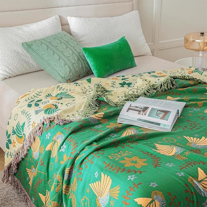 MSGKV Cotton Bed Blanket for Couch and Sofa Blankets for Living Room Bedroom Floral and Birds Throw 80"x90" Spring Breathable Cozy Boho Blankets