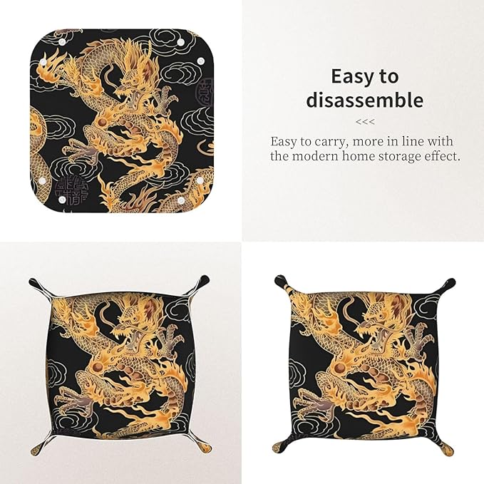 Oriental dragon Leather Vanity Tray Desktop Storage Organizer, Decorative Catchall Perfume Tray, Bathroom Valet Tray,Nightstand Caddy Holder for Keys Phone Wallet Coin Jewelry, S