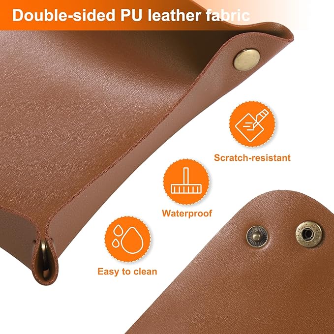 HARFINGTON 2pcs PU Leather Valet Tray Unisex Folding Small Catchall Tray Portable Entryway Table Tray Nightstand Bedside Desk Tray for Key Wallet Watch Coin Jewelry Dice, Brown