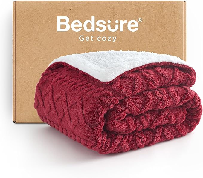 Bedsure Gentlesoft Sherpa Fleece Blanket Twin Size for Bed - Fluffy & Cozy Cable Jacquard Tufted for Women Gift, Thick and Warm Christmas Blanket for Winter, Red, 60x80 Inches