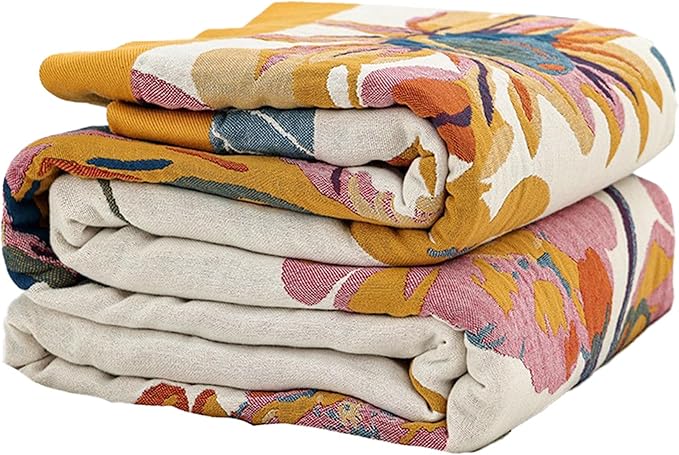 Boho Throw Blanket for Bed 50”x60”, 100% Cotton Woven Blanket for Couch Sofa, Ultra Soft 4-Layer Muslin Quilt with Floral Printed, Farmhouse Bed Blanket/Cover for Living Room Decor