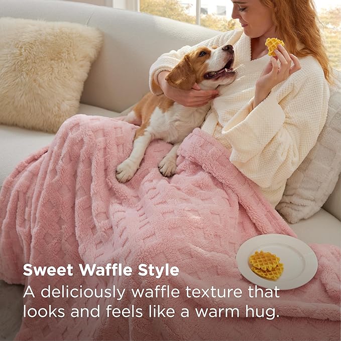 Bedsure Waffle Fleece Blanket for Couch - Light Pink GentleSoft Fluffy Checkered Twin Blanket for Sofa Bed Room Decor, Warm Cozy Cute Women Gift, 60x80 Inches