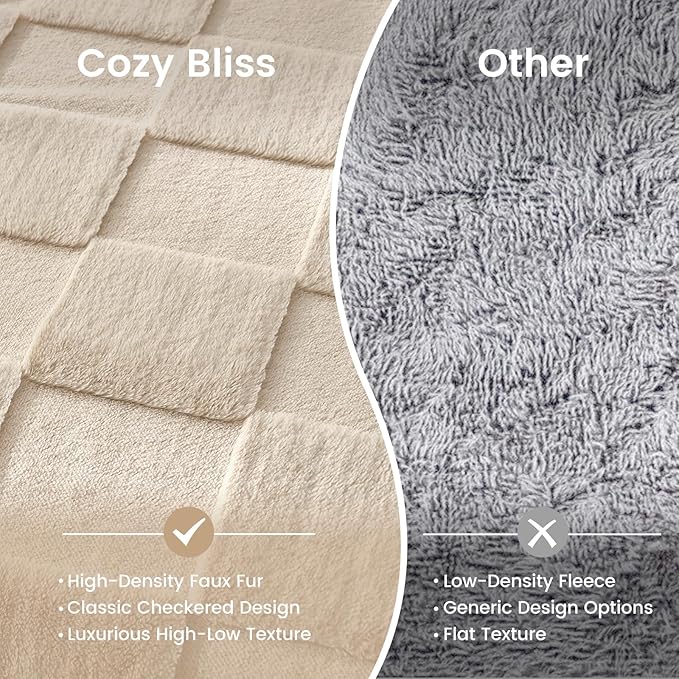 Cozy Bliss Checkered Faux Rabbit Fur Twin Blanket for Bed, Soft Fuzzy Blankets for Women Men, Furry Fleece Throw for Sofa Bedroom Living Room (60 * 80 Inches Beige)