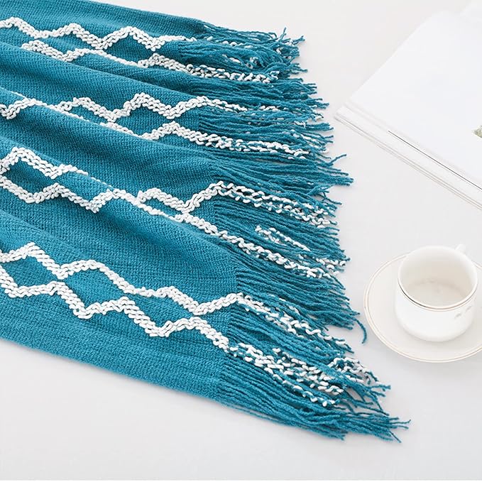 BOURINA Fluffy Chenille Knitted Fringe Throw Blanket Lightweight Soft Cozy for Bed Sofa Chair Throw Blankets Teal 60" x 80"