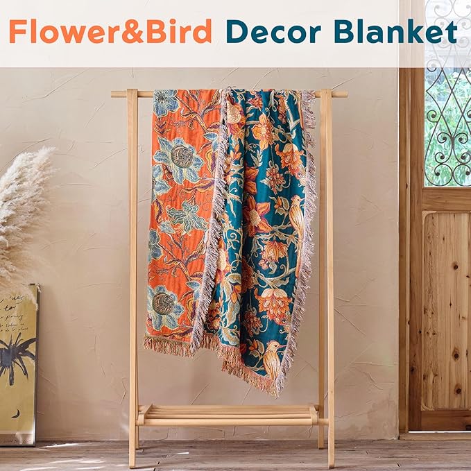 Boho Throw Blanket 60"x80" 100% Cotton Twin Bird Blanket, Breathable Lightweight Spring Decorative Reversible Blankets with Fringe for Couch Vintage Decor