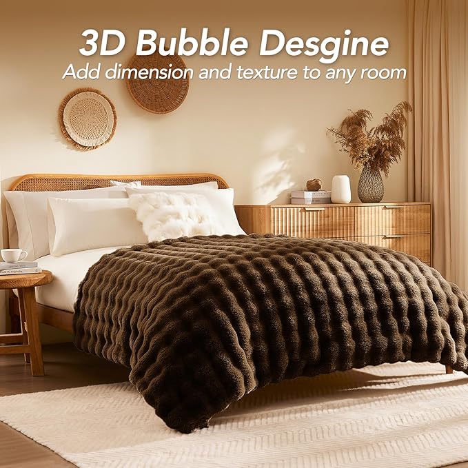 L'AGRATY Faux Rabbit Fur Blanket: 90" x 90" Queen Luxury Soft Fluffy Thick Fur Throw Blanket for Couch Bed Sofa - Cozy Plush Bubble Blankets for Winter: Flannel Fleece Decorative Blanket(Cocoa Brown)