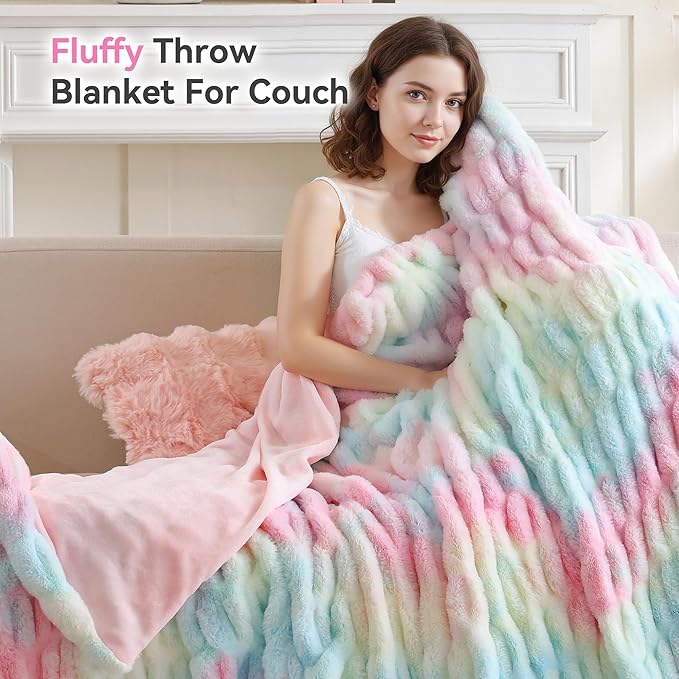 Smoofy Rainbow Throw Blanket for Couch – Ultra Soft Cozy Plush Fluffy Blanket with Faux Rabbit Fur, Fuzzy Lightweight Fleece for Sofa, Bed & Office, Gift for Women, Home Room Decor Throw 50"x 60"