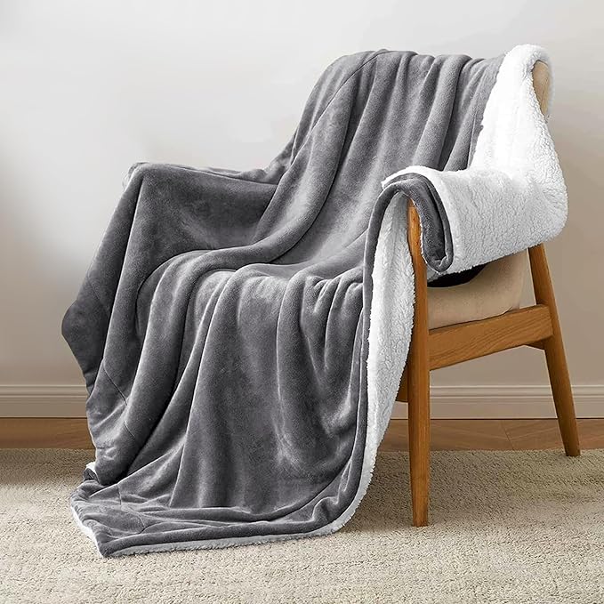 MOONLIGHT20015 Sherpa Blankets Queen Size - (Grey, 90X90 Inches) Fuzzy, Soft and Wool/Fleece Blanket for Bed, Fluffy Blankets for Winter, Camping and Travel