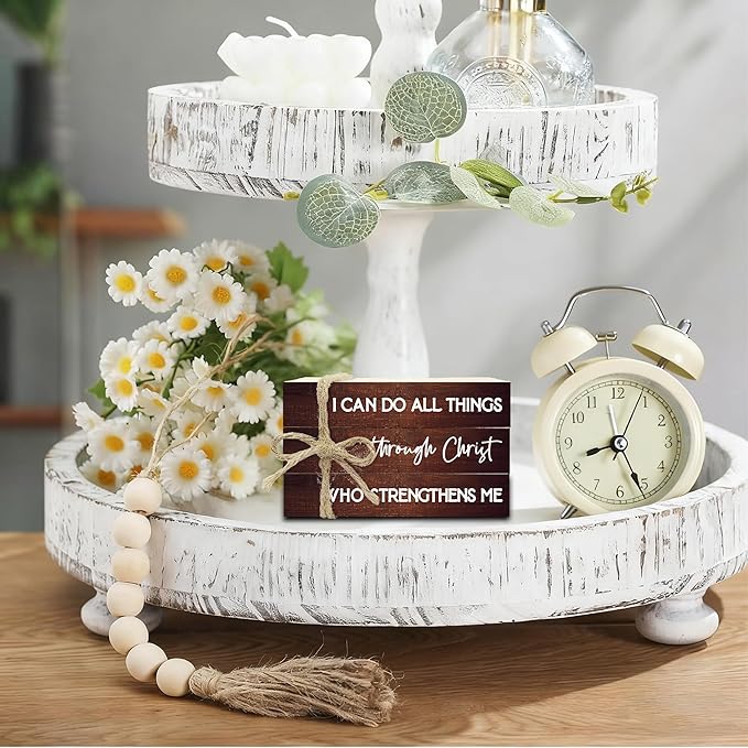 Decorative Books for Home Decor, Wood Book Stack for Table Decor, I Can Do All Things Through Christ Who Strengthens Me Decoration Books for Office Shelf, Farmhouse Stacked Books Decoration (L73)