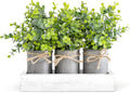 Dahey Decorative Galvanized Metal Pots Centerpiece Decor Wood Tray with Artificial Plant, 3 Buckets with Eucalyptus, Rustic Farmhouse Home Decor for Coffee Table Dining Living Room Kitchen Bath, White