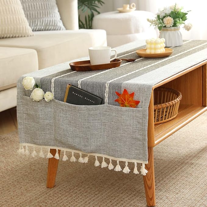 SIELUNO Coffee Table Cover, Rustic Farmhouse Rectangle Table Cloth Cotton Linen Waterproof with Pockets and Tassel for Living Room Decoration - Grey Stripes - 28x64 Inch